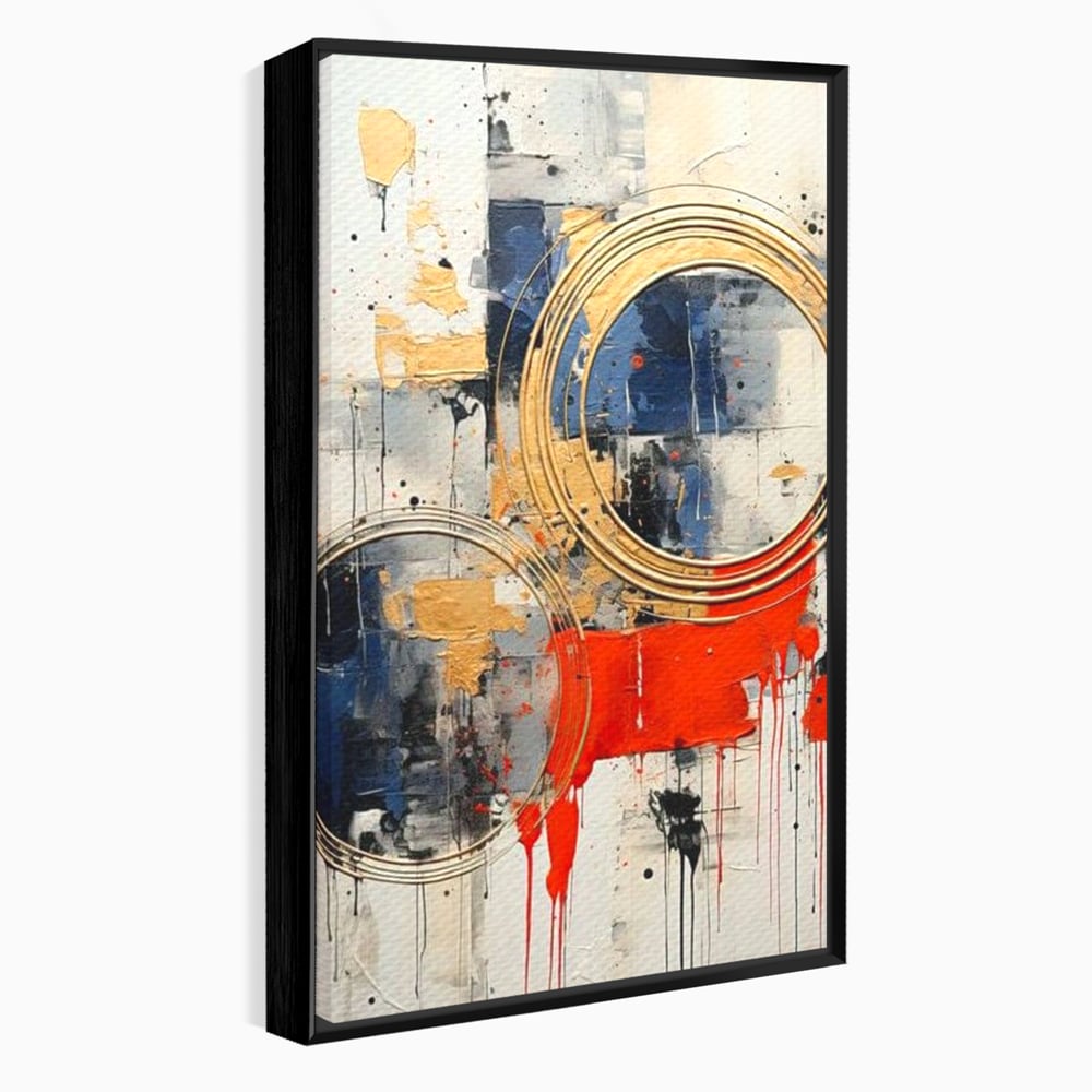 Tablou canvas cu tablou abstract cu cercuri aurii si tuse rosu aprins, in rama de aluminiu negru